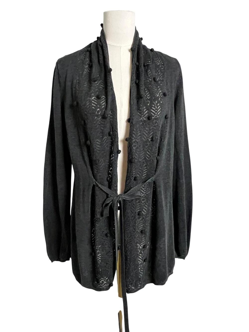 Knitted & Knotted Cardigan Sweater Womens Gray Open Knit Belted Anthropologie